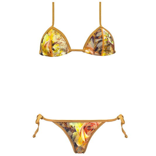 Iza modello 100% tessuto neoprene , fantasia floreale con colori caldi . Triangolo con coppette preformate e laccetti . Brasiliana con laccetti